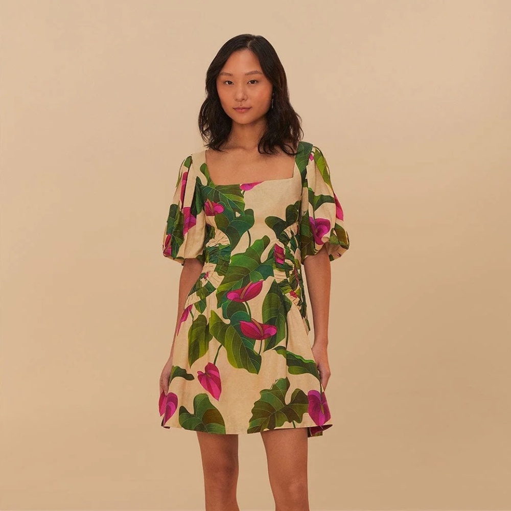 FARM Rio Sand Anthurium Leaves LENZING™ ECOVERO™ Euroflax™ Mini Dress NEW!!! - Picture 5 of 5